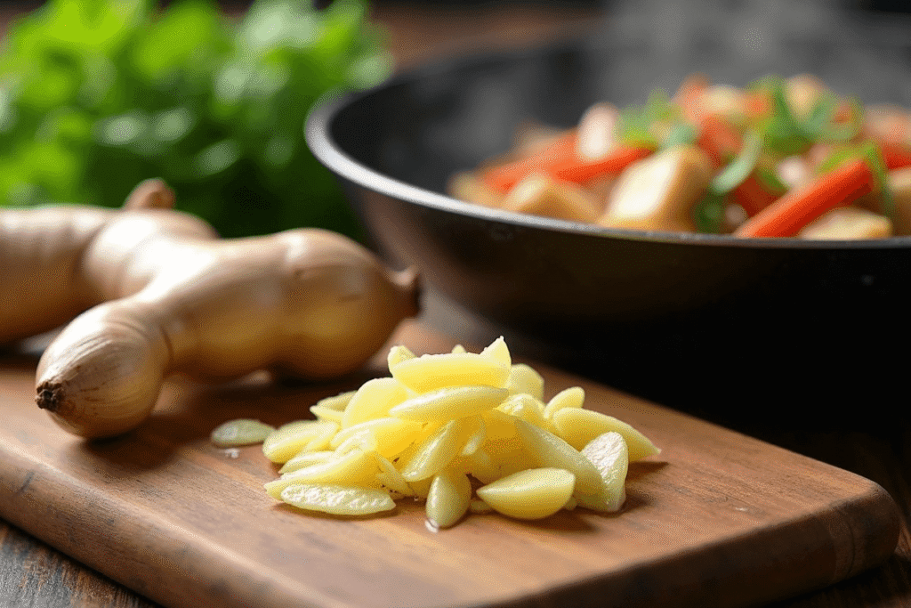 Chopped garlic and sliced ginger sizzling in a pan with lettuce wrap filling.