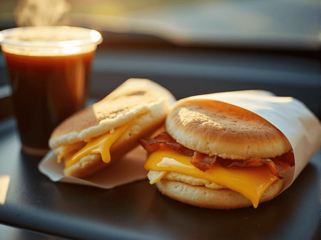 McDonald’s Egg McMuffin sandwich with Canadian bacon, egg, and cheese on an English muffin – low calorie fast food breakfast.