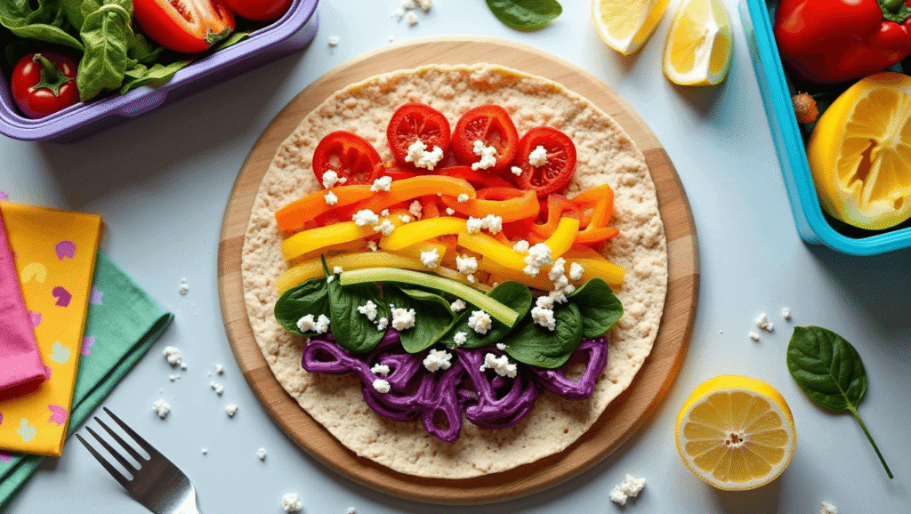 Open rainbow veggie wrap displaying vibrant layers of red, orange, yellow, green, and purple vegetables on a tortilla.
