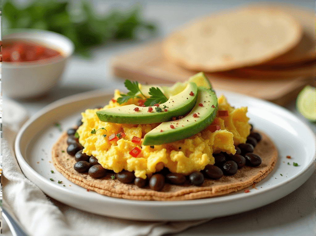Open-faced breakfast tacos with eggs, beans, and avocado on a whole-grain tortilla
