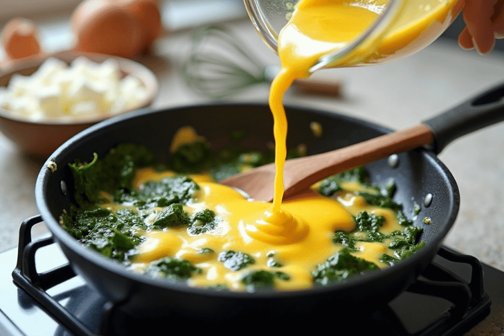 Step-by-step instructions photo showing spinach and feta scrambled eggs being cooked in under 10 minutes.