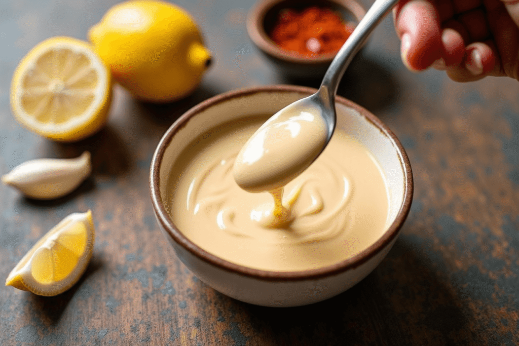 Creamy tahini sauce being whisked in a bowl for Rainbow veggie sushi burrito.