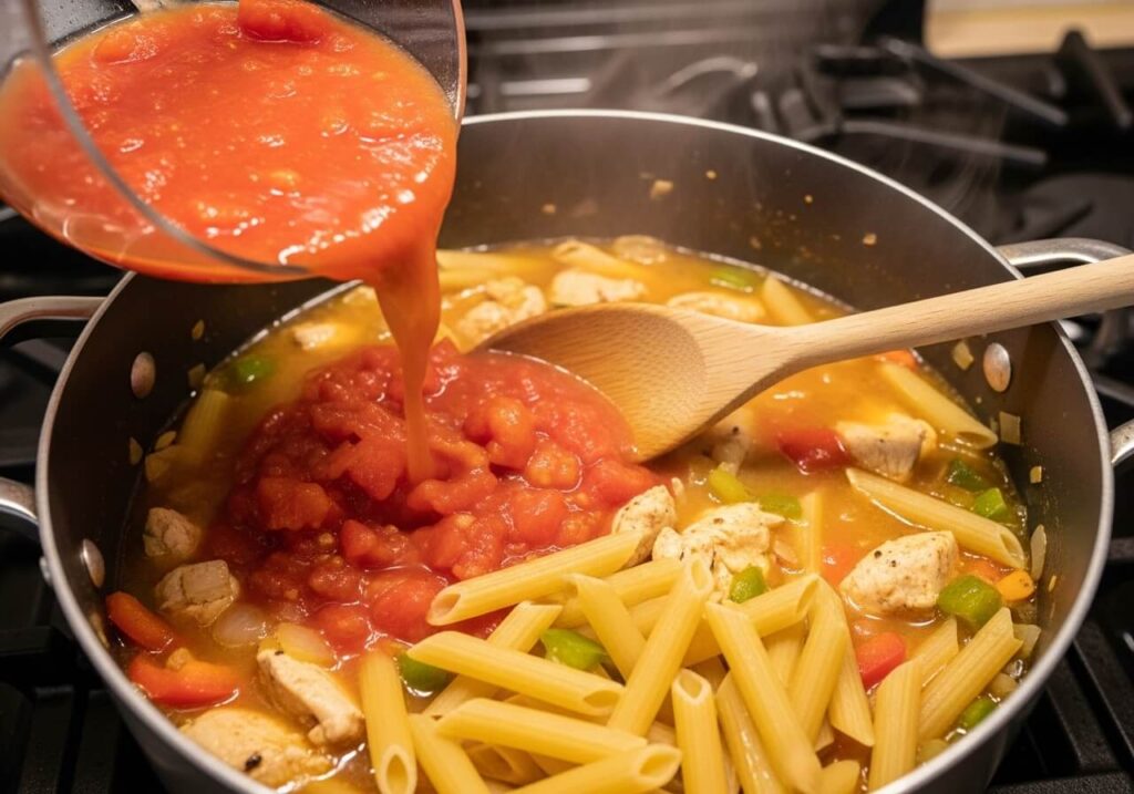 Penne pasta, broth, and diced tomatoes added to chicken and vegetables for creamy Cajun pasta.
