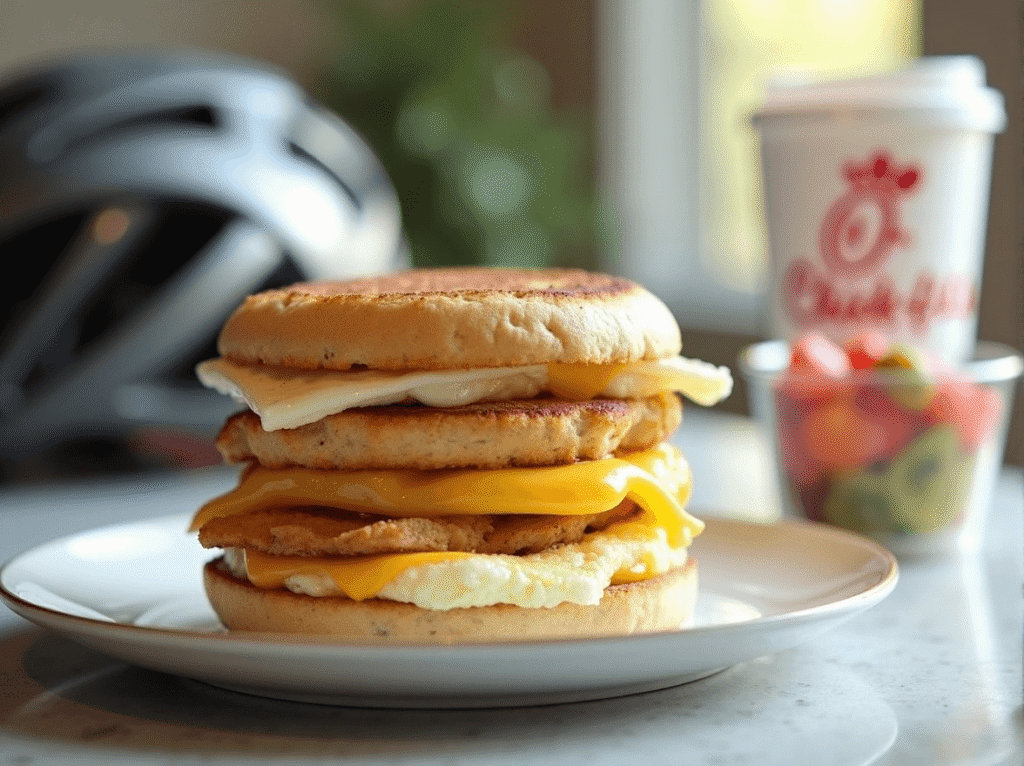 Chick-fil-A Egg White Grill sandwich with grilled chicken breast, egg whites, and cheese – low calorie fast food breakfast.