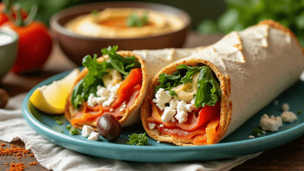 Close-up of rainbow veggie wraps cut in half, showing creamy hummus, feta, and layers of colorful vegetables.