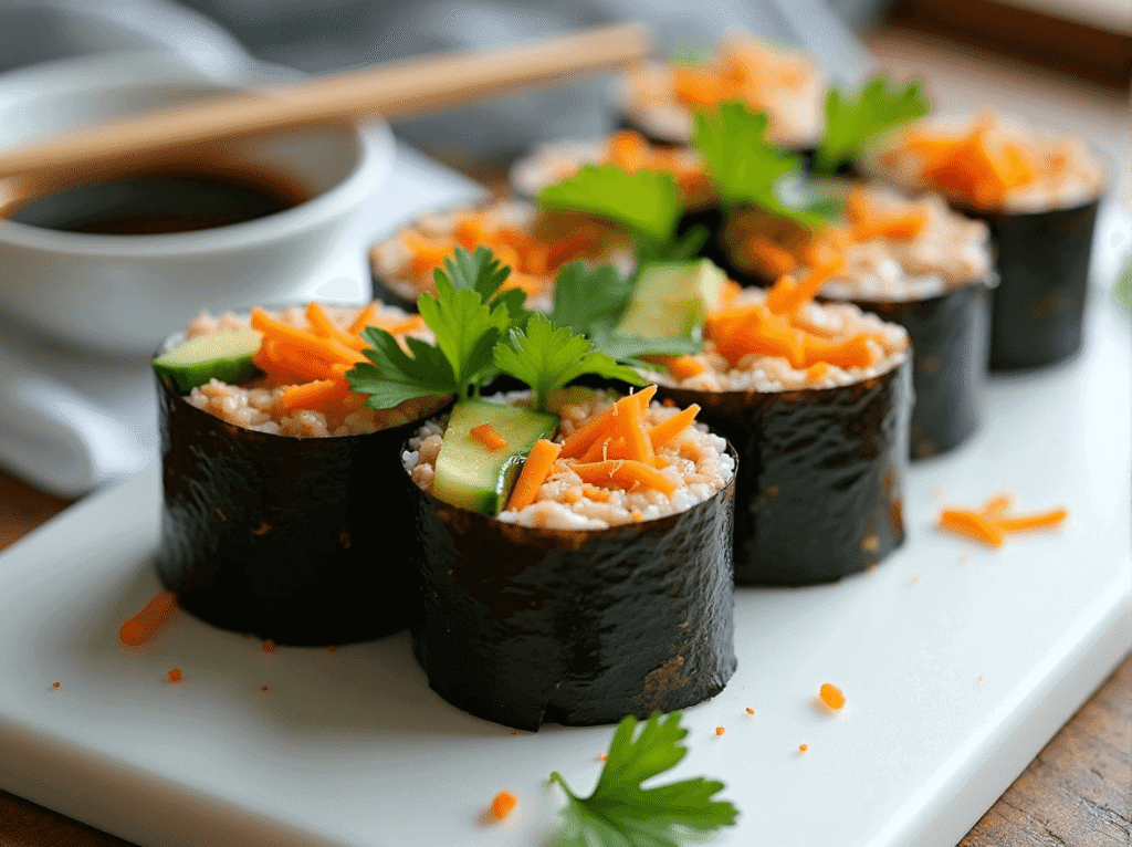 Grain-free nori wrap with spicy tuna, cucumber, carrot, and cilantro.