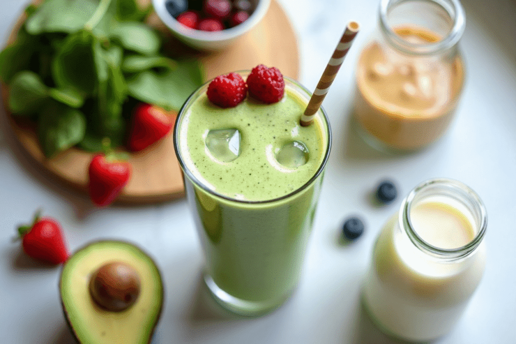Creamy green avocado berry smoothie with spinach and almond milk, an easy keto breakfast idea.