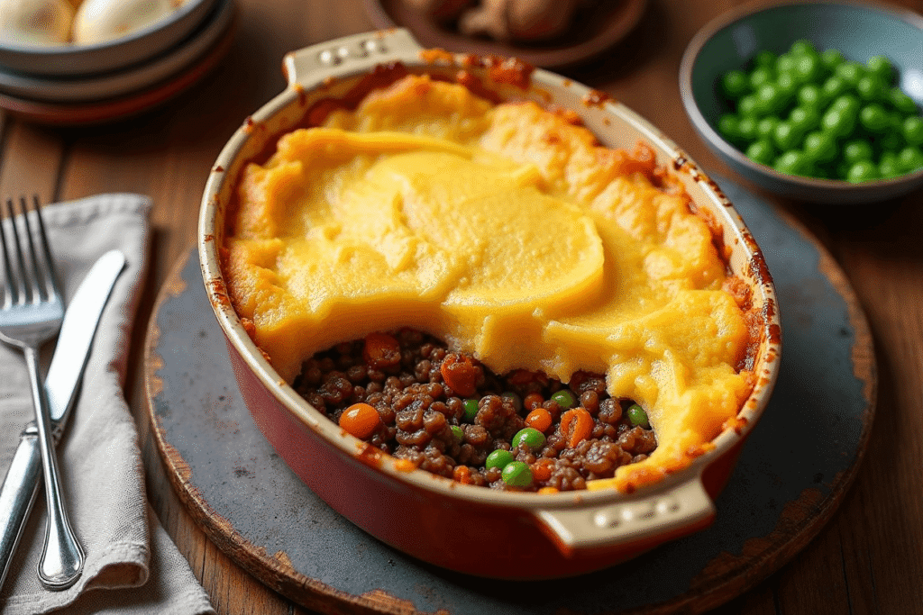 Sweet potato shepherd’s pie with golden mashed topping and lentil-vegetable filling.