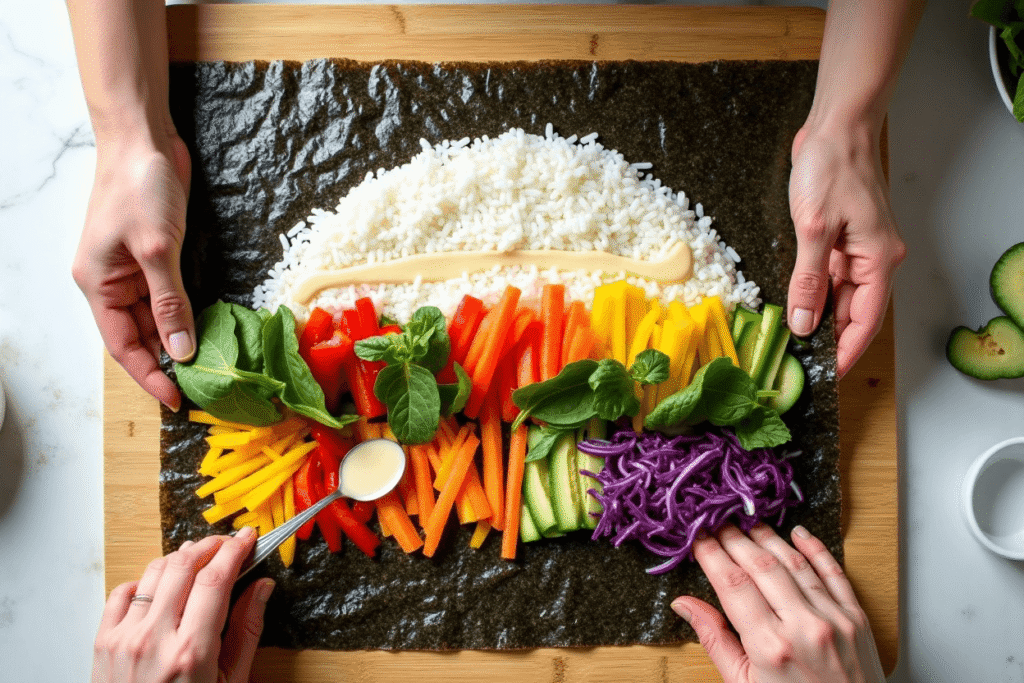 Nori sheet topped with sushi rice and rainbow-colored vegetables, ready for rolling.