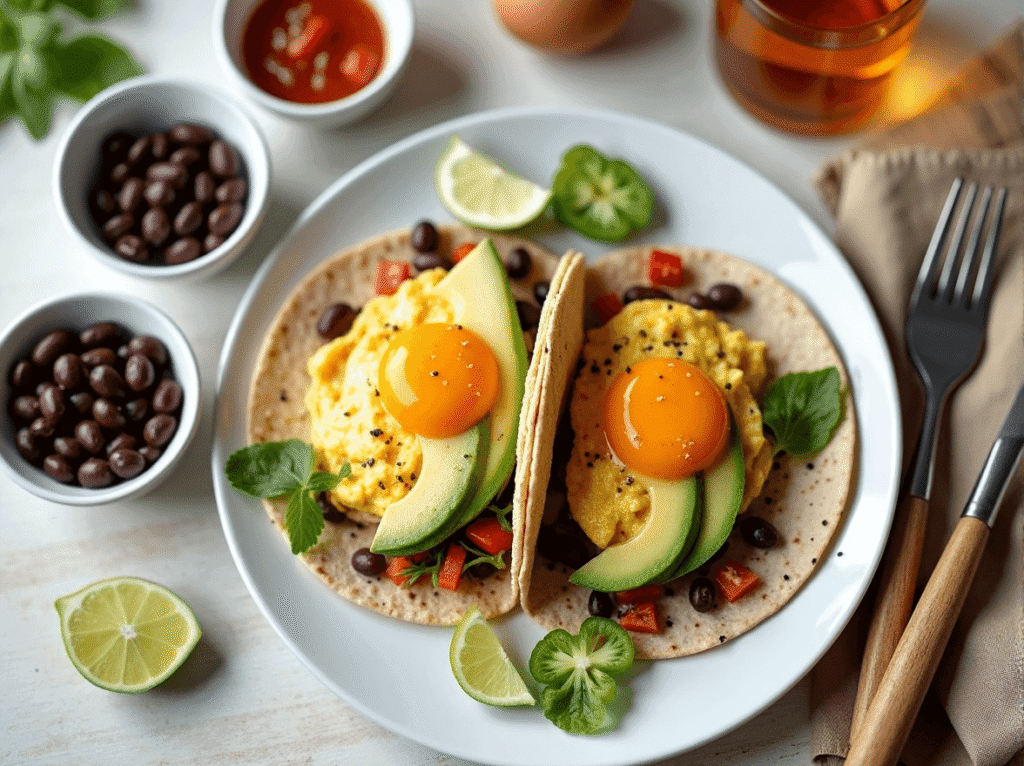 Two loaded breakfast tacos with eggs, beans, and avocado on a plate surrounded by ingredients