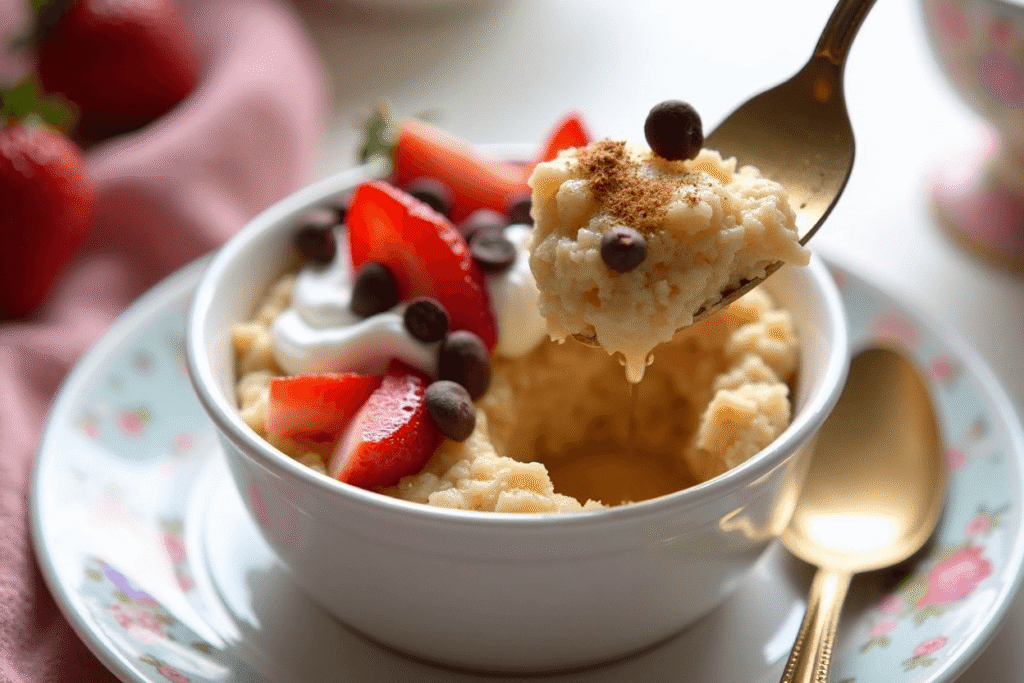 Creamy baked cottage cheese oats being scooped from a ramekin with golden brown topping.