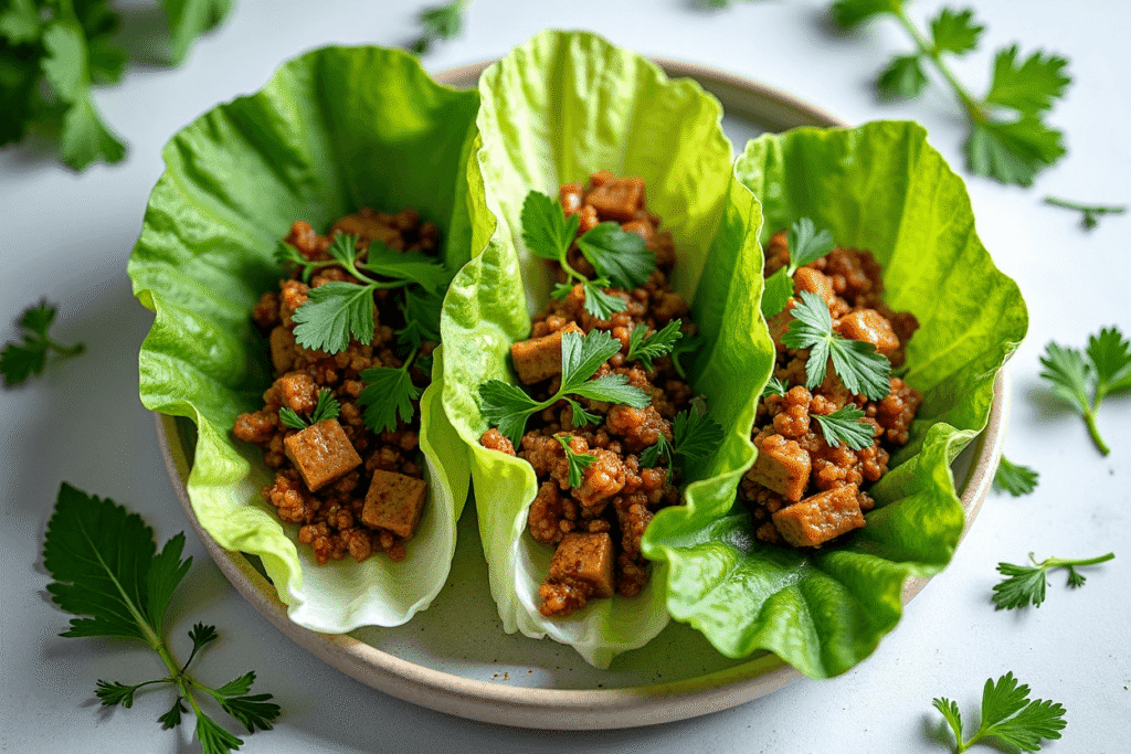 Asian lettuce wraps topped with cilantro, mint, and Thai basil.