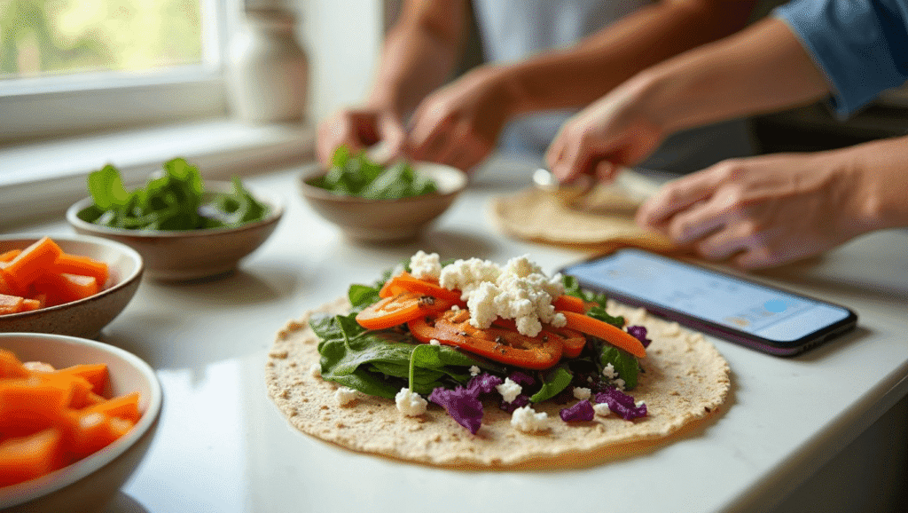 Meal prep scene with a whole-grain tortilla, chopped vegetables, hummus, and feta ready to assemble.