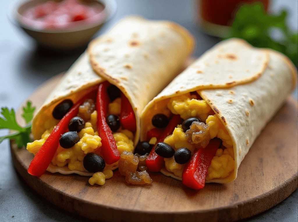 Grain-free burrito wrap with scrambled eggs, roasted vegetables, black beans, and cheese.