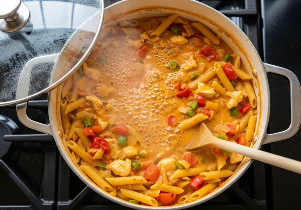 Creamy Cajun pasta simmering in a pot until the sauce thickens and pasta is al dente.