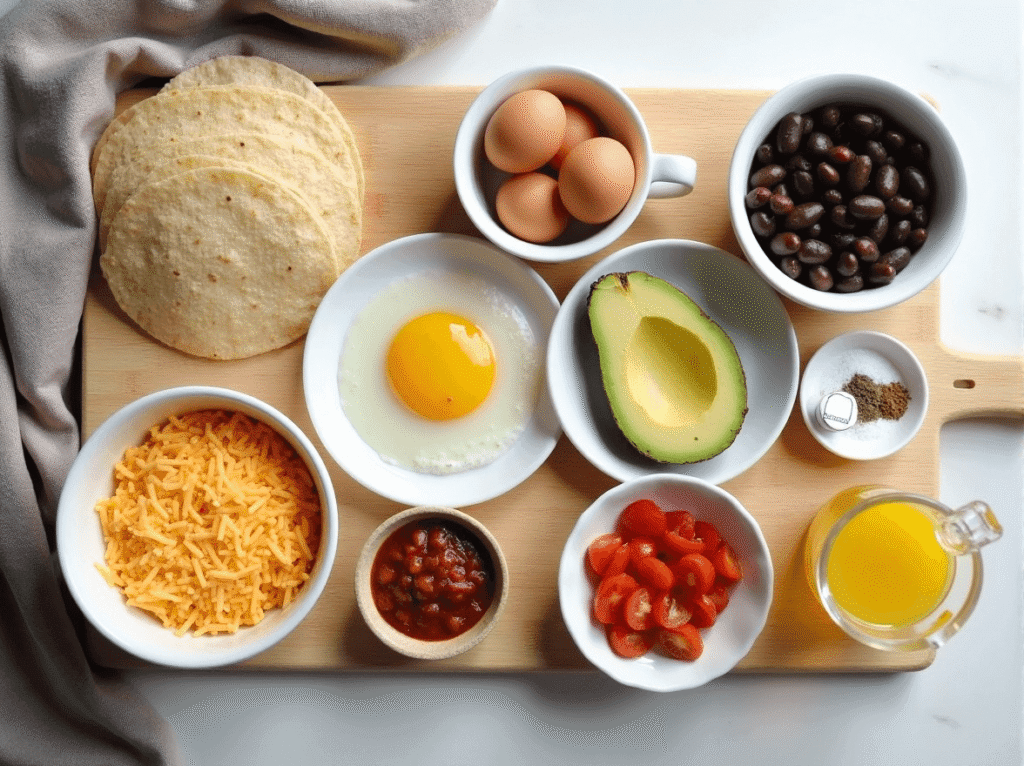 Flat lay of ingredients for making breakfast tacos: eggs, black beans, avocado, tortillas