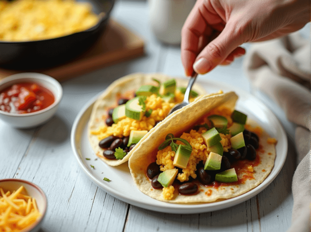 Assembling breakfast tacos with eggs, beans, and avocado in progress