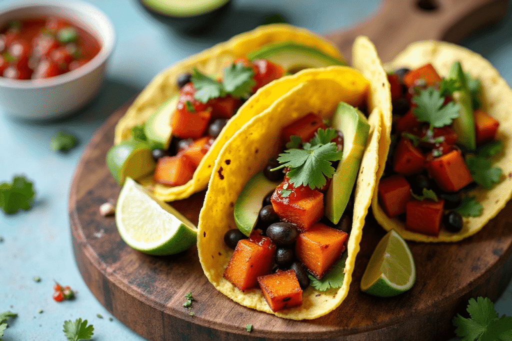 Sweet potato and black bean tacos with avocado, salsa, and lime.