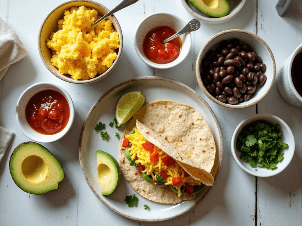 Breakfast taco ingredients laid out for a build-your-own setup