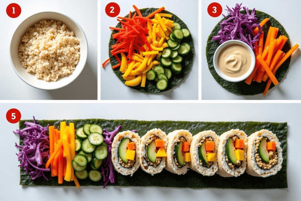 Rainbow veggie sushi burrito sliced in half, showing colorful layers of fresh vegetables and sushi rice, styled on a clean plate.