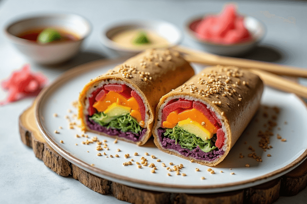 Sushi burrito sliced diagonally to reveal colorful layers of fresh vegetables.