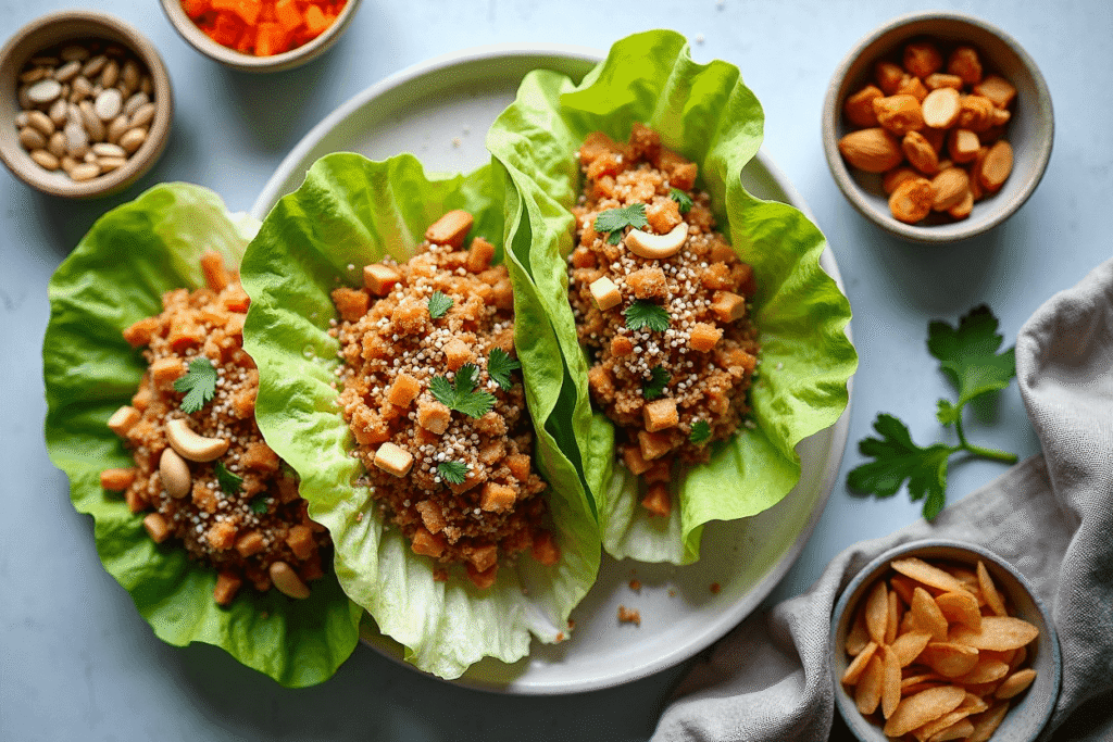 Asian lettuce wraps sprinkled with peanuts, cashews, and sesame seeds.