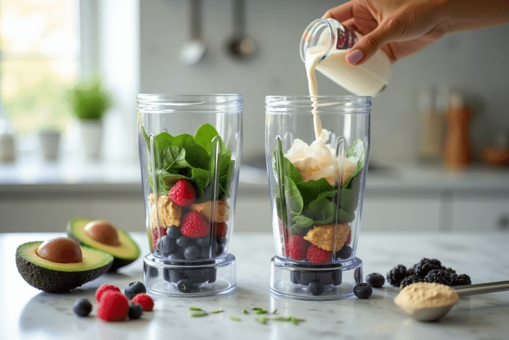 Step-by-step photo of a green smoothie being blended with avocado, spinach, and berries in under 5 minutes.