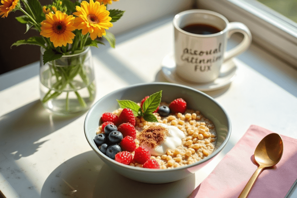 Cottage cheese oats topped with yogurt, honey, chia seeds, pumpkin seeds, blueberries, and strawberries.