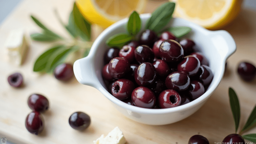 Bowl of glossy Kalamata olives for Mediterranean quinoa salad.