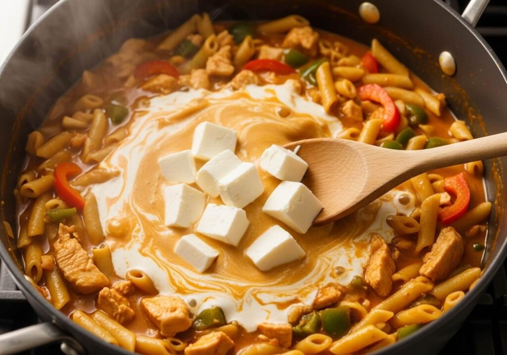 Cream cheese melting into Cajun pasta sauce for creamy Cajun pasta.