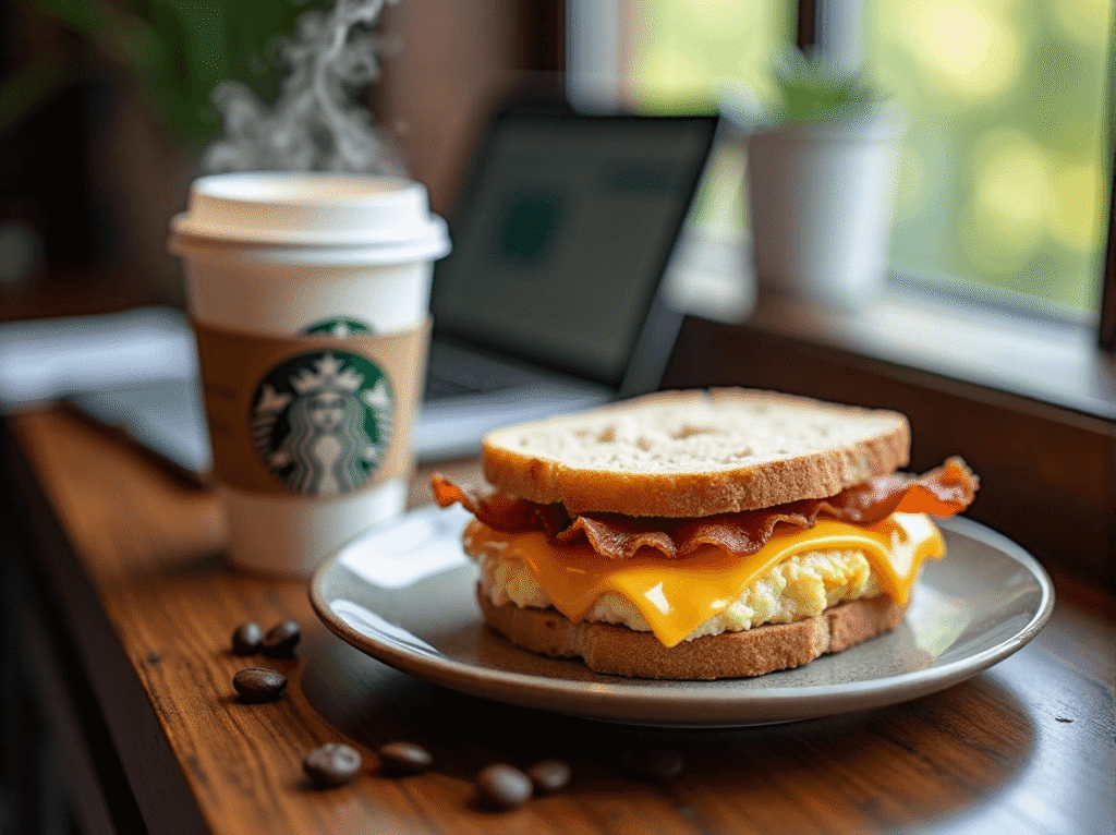 Starbucks Turkey Bacon & Egg White Sandwich on a multigrain roll – low calorie fast food breakfast.
