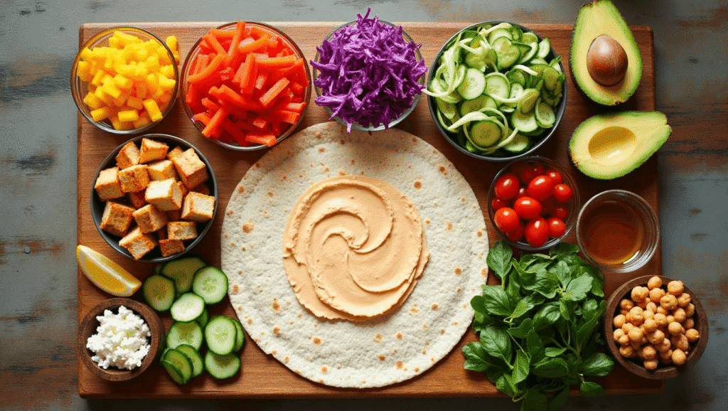 DIY rainbow veggie wraps setup with various colorful vegetables, hummus, feta, tofu, and grilled chicken laid out for customization.