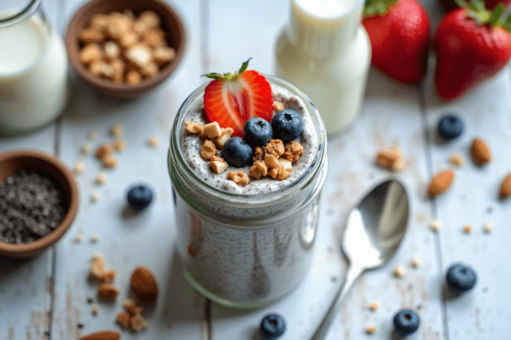 Overnight chia seed pudding in a jar topped with berries and nuts, an easy keto breakfast idea.