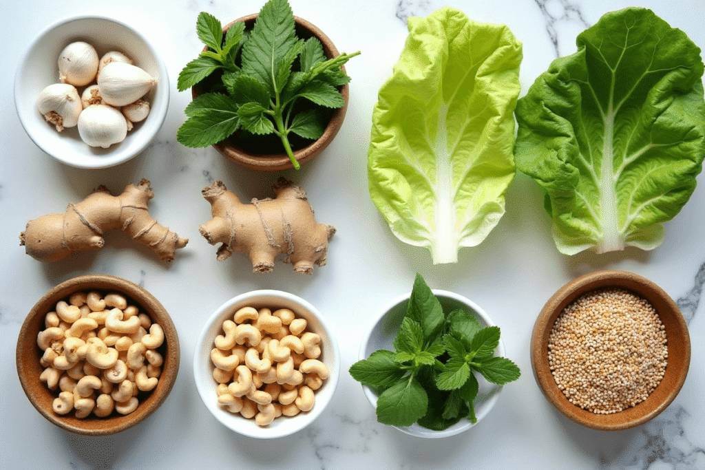 Garlic, ginger, fresh herbs, and nuts displayed with lettuce wraps.