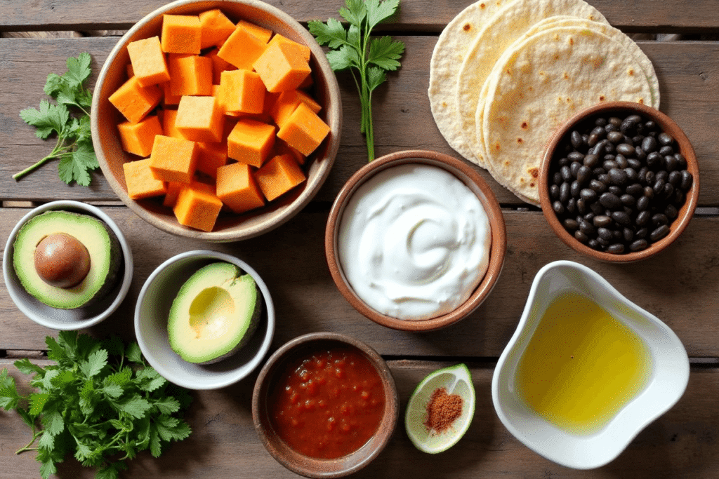 Sweet potato cubes, black beans, tortillas, avocado, salsa, and yogurt.