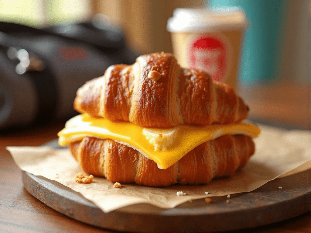 Burger King Egg & Cheese Croissan’wich with fluffy egg and melted cheese – low calorie fast food breakfast.