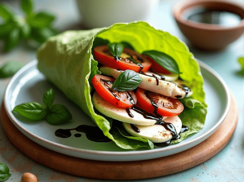 Grain-free wrap with fresh mozzarella, tomatoes, basil, and balsamic glaze.