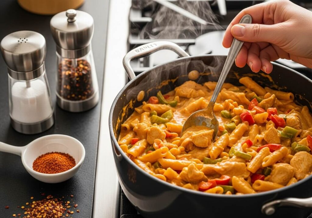 Seasoning creamy Cajun pasta with salt, pepper, and extra Cajun spices.