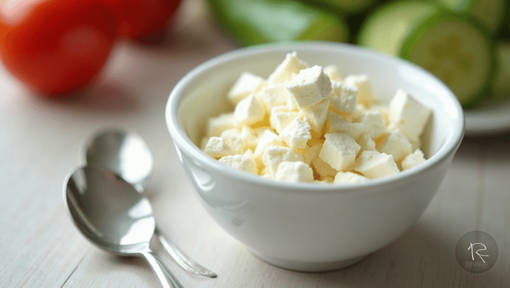 Crumbled feta cheese in a small white bowl for Mediterranean quinoa salad.