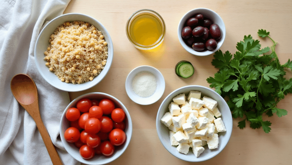 Flat lay of the seven essential ingredients for an easy Mediterranean quinoa salad.