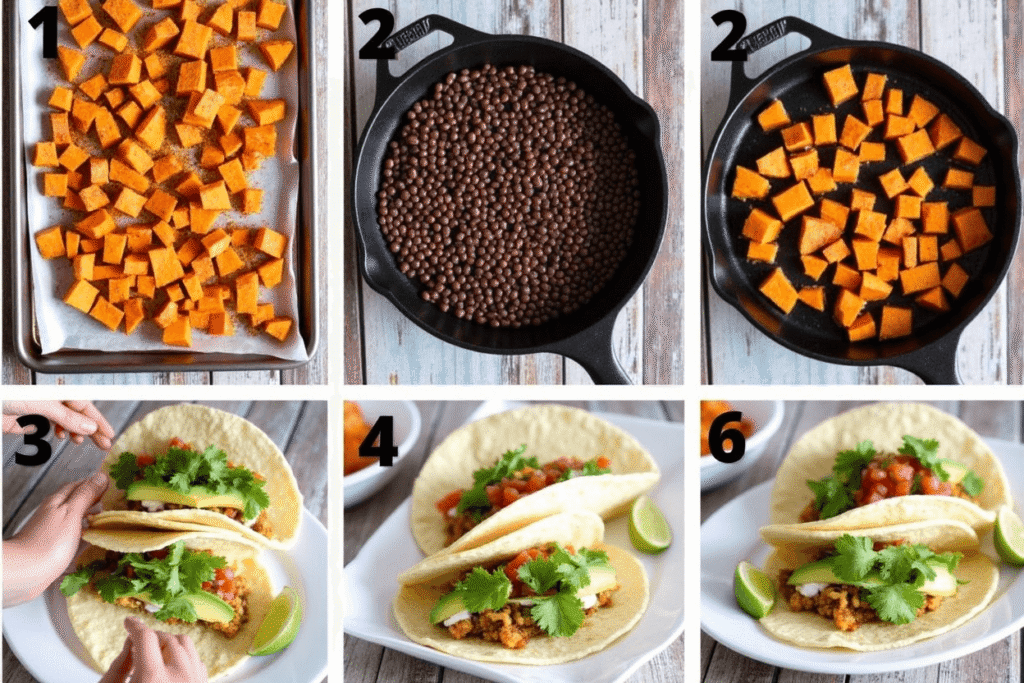Step-by-step process of making sweet potato tacos with beans and toppings.