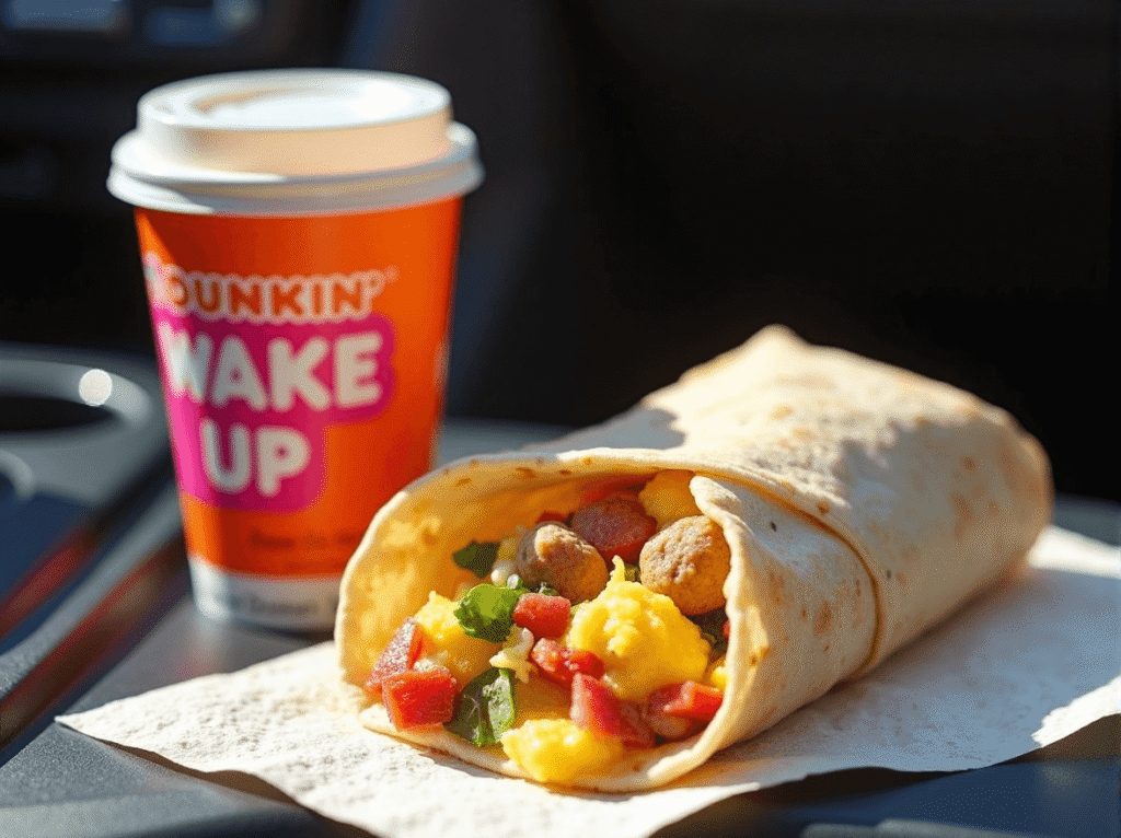Dunkin’ Wake-Up Wrap with egg and turkey sausage – portable low 