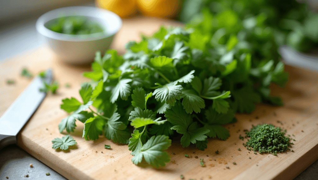 Fresh parsley and mint on a cutting board for Mediterranean quinoa salad.