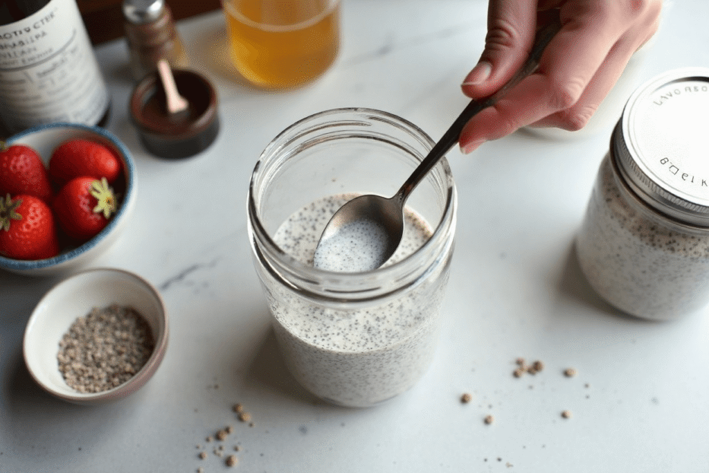 Step-by-step photo of chia seed pudding being prepared with almond milk, stirred in a jar before resting overnight.