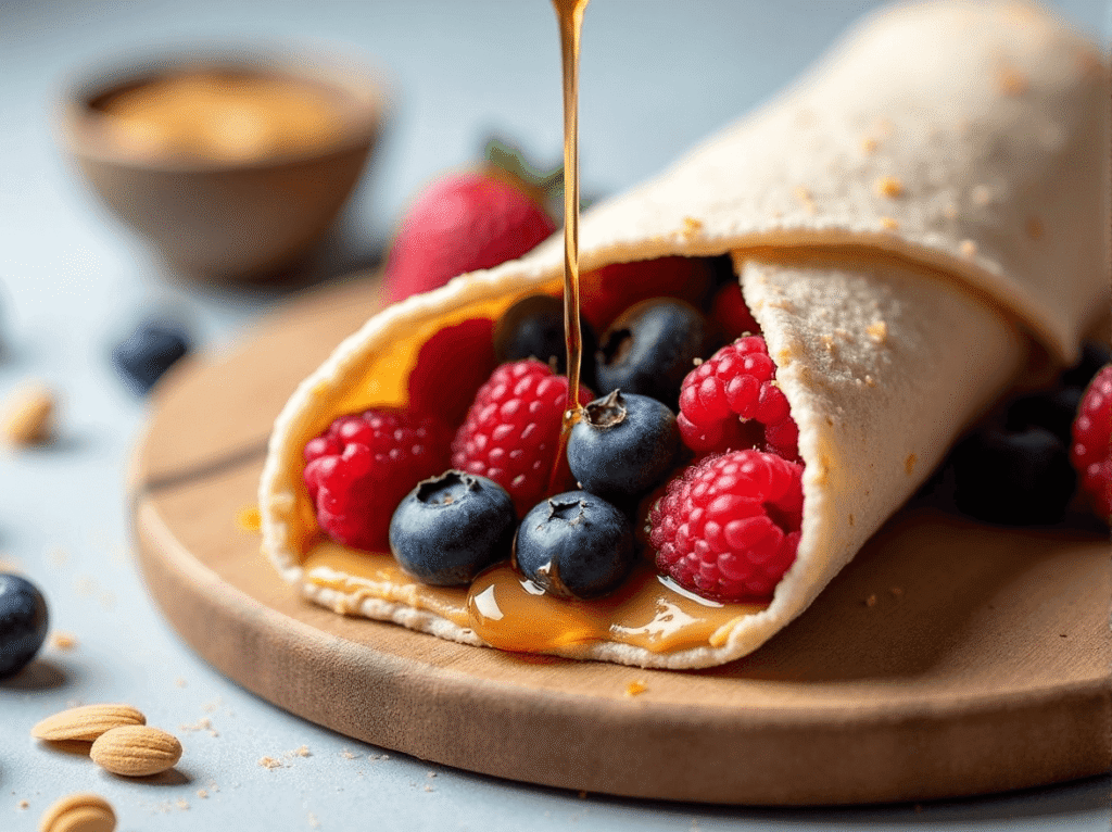 Grain-free wrap with nut butter, fresh berries, and honey drizzle.