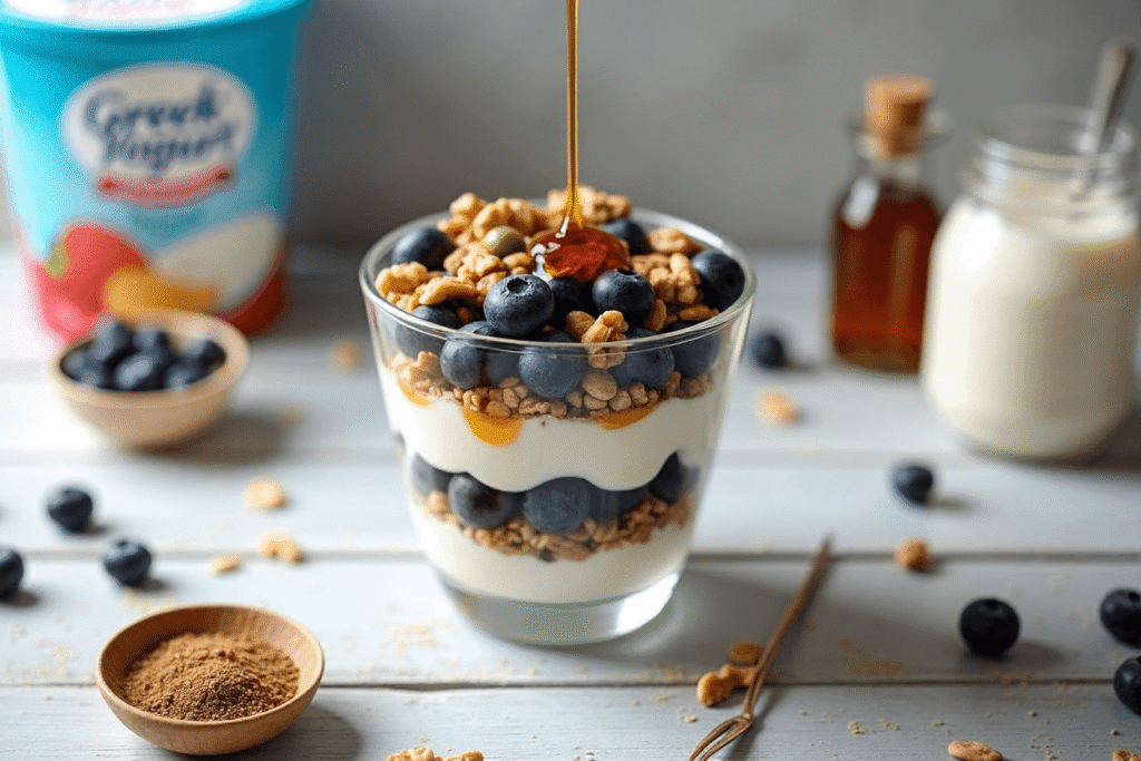 Greek yogurt parfait layered with nuts, seeds, and berries, a delicious easy keto breakfast idea.