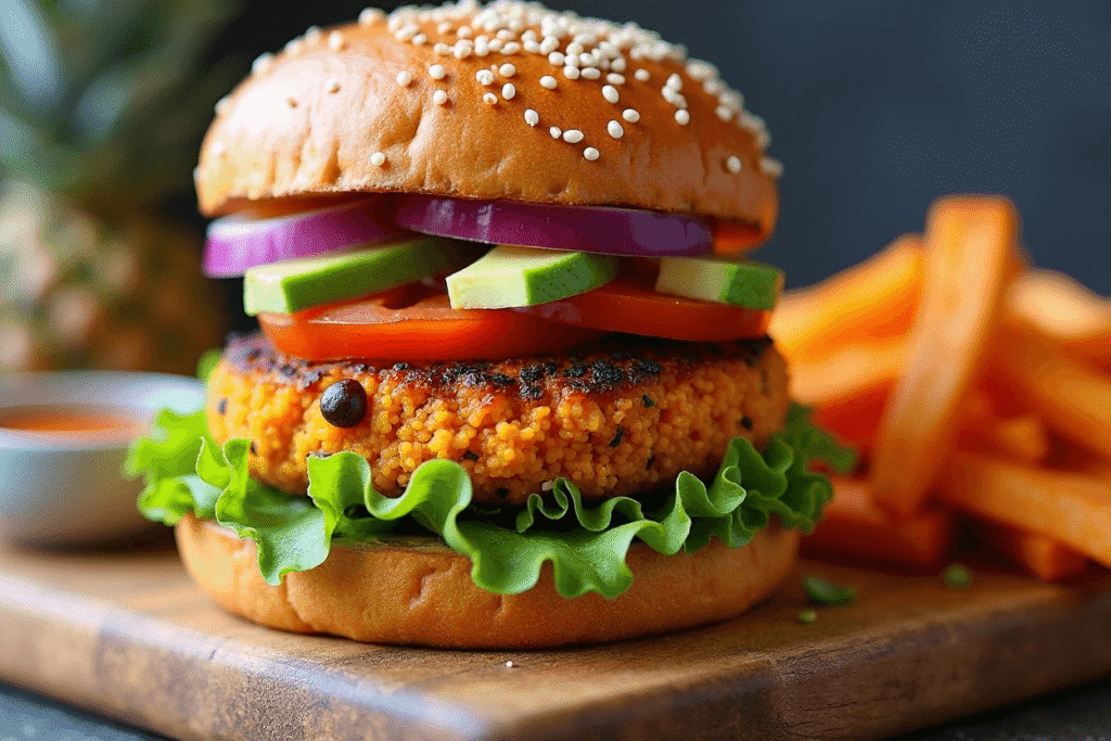Sweet potato veggie burger with lettuce, tomato, avocado, and onion.