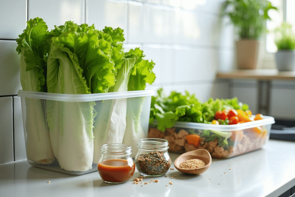 Containers with lettuce, sauces, toppings, and fillings for lettuce wraps.