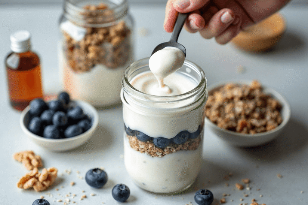 Step-by-step photo of a Greek yogurt parfait being layered with nuts, seeds, and fresh berries in under 5 minutes.