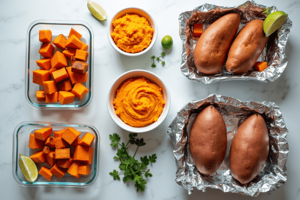 Meal-prepped sweet potato cubes, mash, and baked whole sweet potatoes in containers.